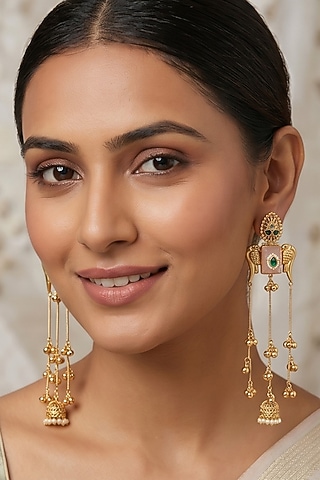 Gold Finish Pink Carved Stone & Pearl Dangler Jhumka Earrings by Johori