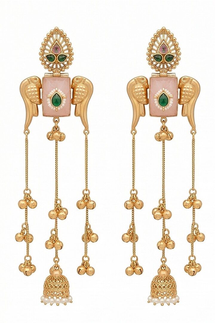 Gold Finish Pink Carved Stone & Pearl Dangler Jhumka Earrings by Johori at Pernia's Pop Up Shop