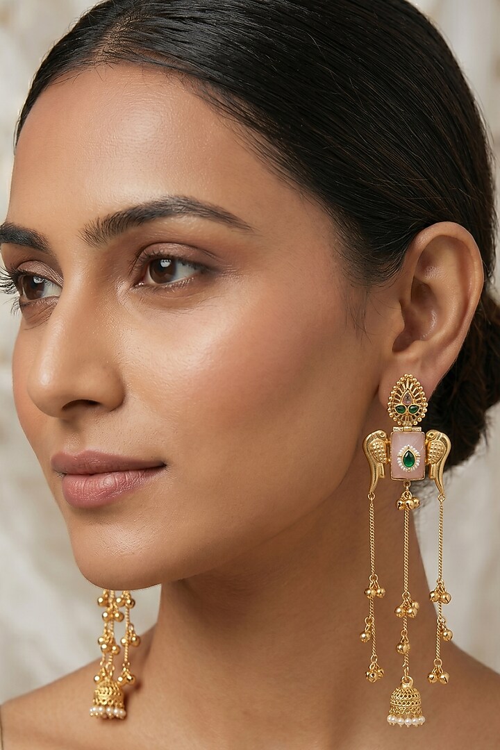Gold Finish Pink Carved Stone & Pearl Dangler Jhumka Earrings by Johori at Pernia's Pop Up Shop