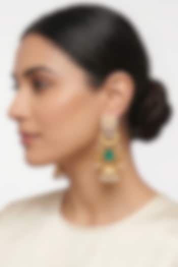 Gold Finish Green Stone & Pearl Jhumka Earrings by Johori at Pernia's Pop Up Shop
