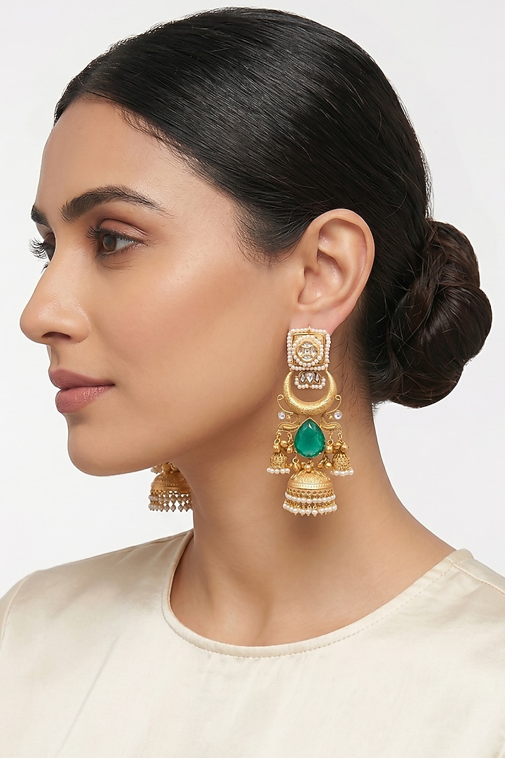 Gold Finish Green Stone & Pearl Jhumka Earrings by Johori at Pernia's Pop Up Shop