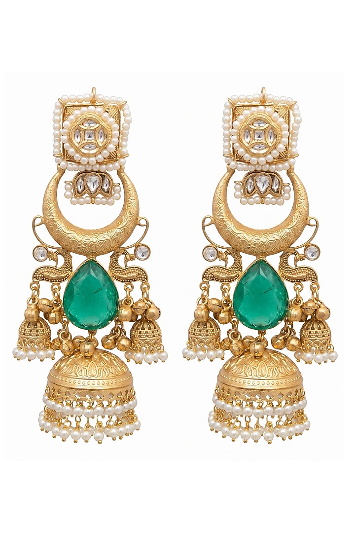 Gold Finish Green Stone & Pearl Jhumka Earrings by Johori at Pernia's Pop Up Shop