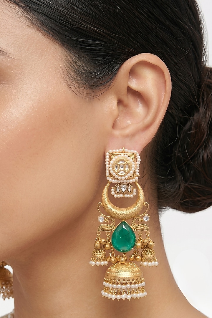 Gold Finish Green Stone & Pearl Jhumka Earrings by Johori at Pernia's Pop Up Shop