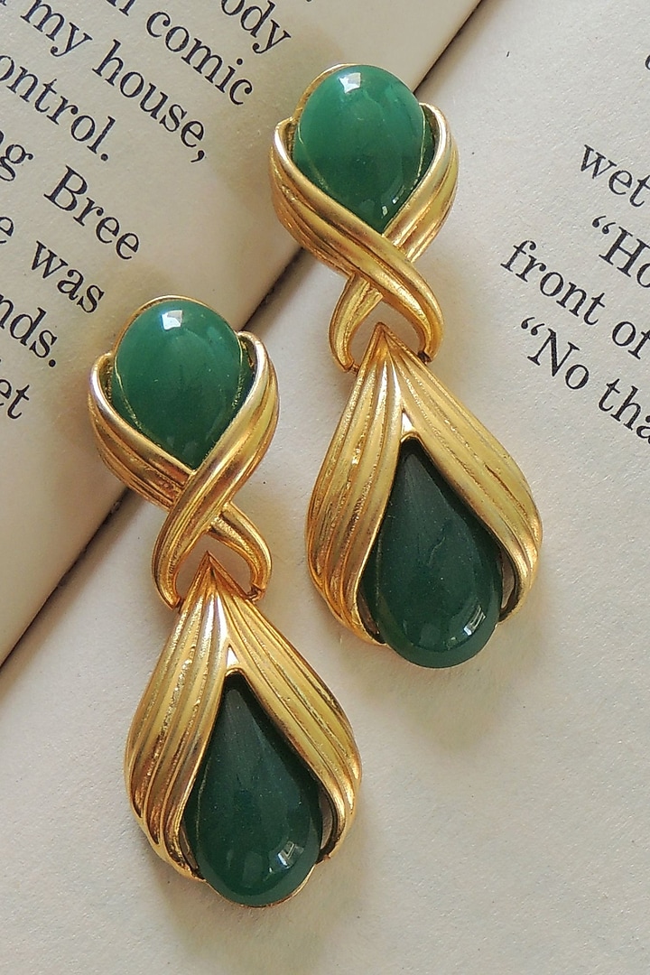Gold Finish Emerald Handcrafted Stud Earrings by Johori at Pernia's Pop Up Shop