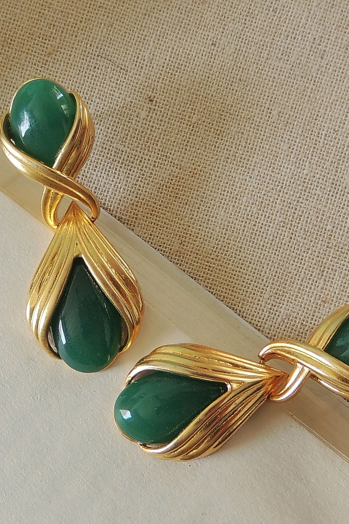Gold Finish Emerald Handcrafted Stud Earrings by Johori at Pernia's Pop Up Shop