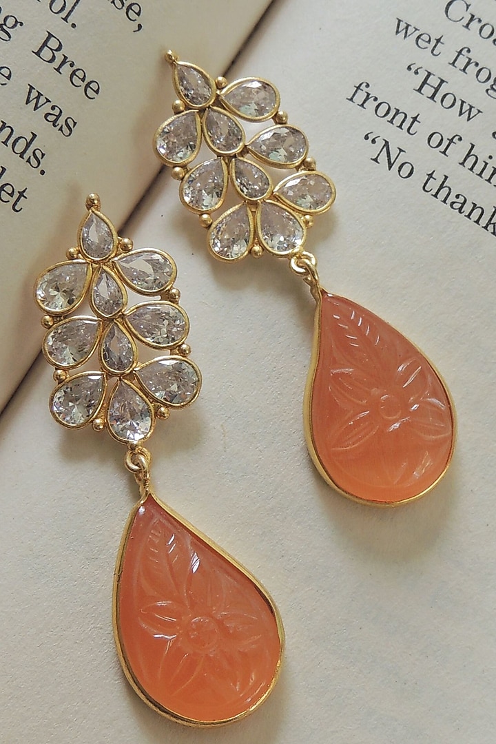 Gold Finish Orange Carved Stone Dangler Earrings by Johori at Pernia's Pop Up Shop