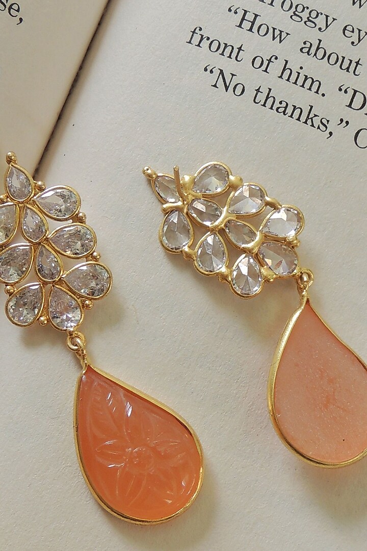 Gold Finish Orange Carved Stone Dangler Earrings by Johori at Pernia's Pop Up Shop