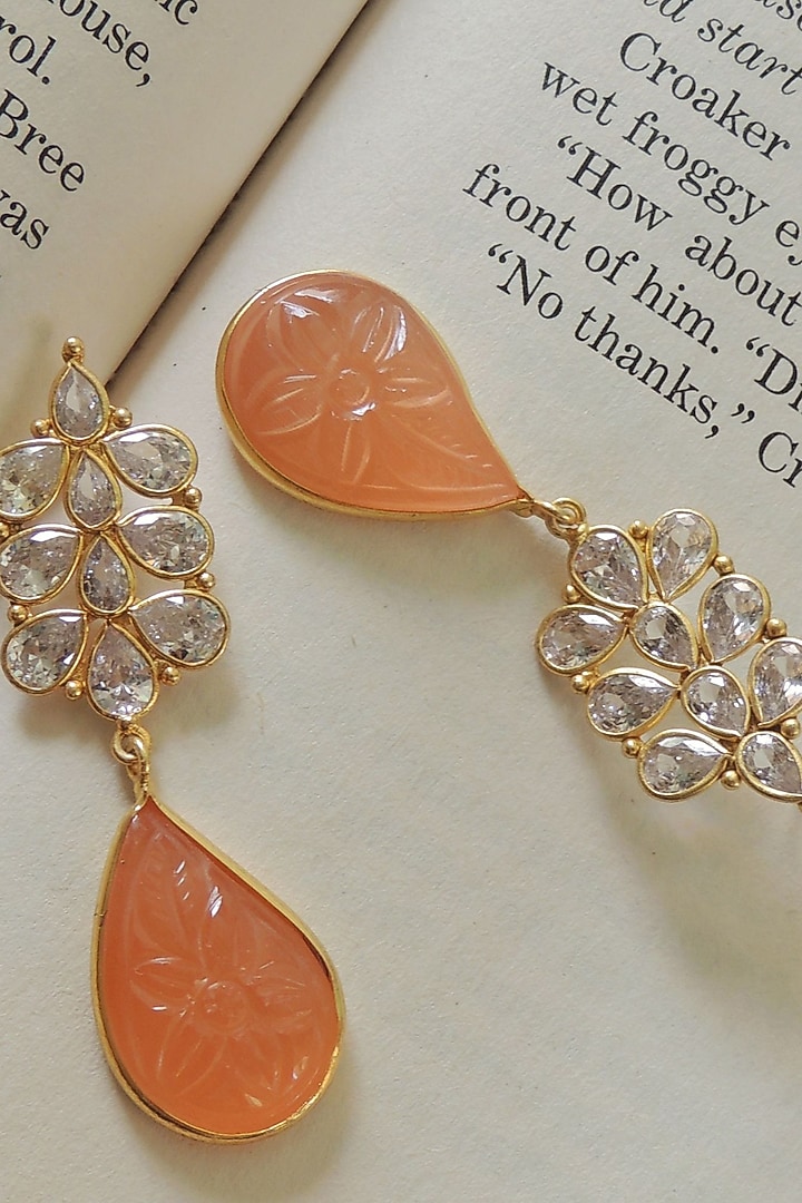 Gold Finish Orange Carved Stone Dangler Earrings by Johori at Pernia's Pop Up Shop