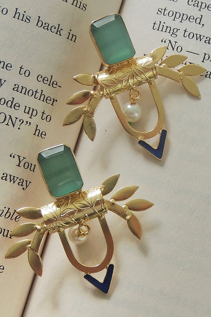 Gold Finish Synthetic Stone Handmade Leave Stud Earrings by Johori at Pernia's Pop Up Shop