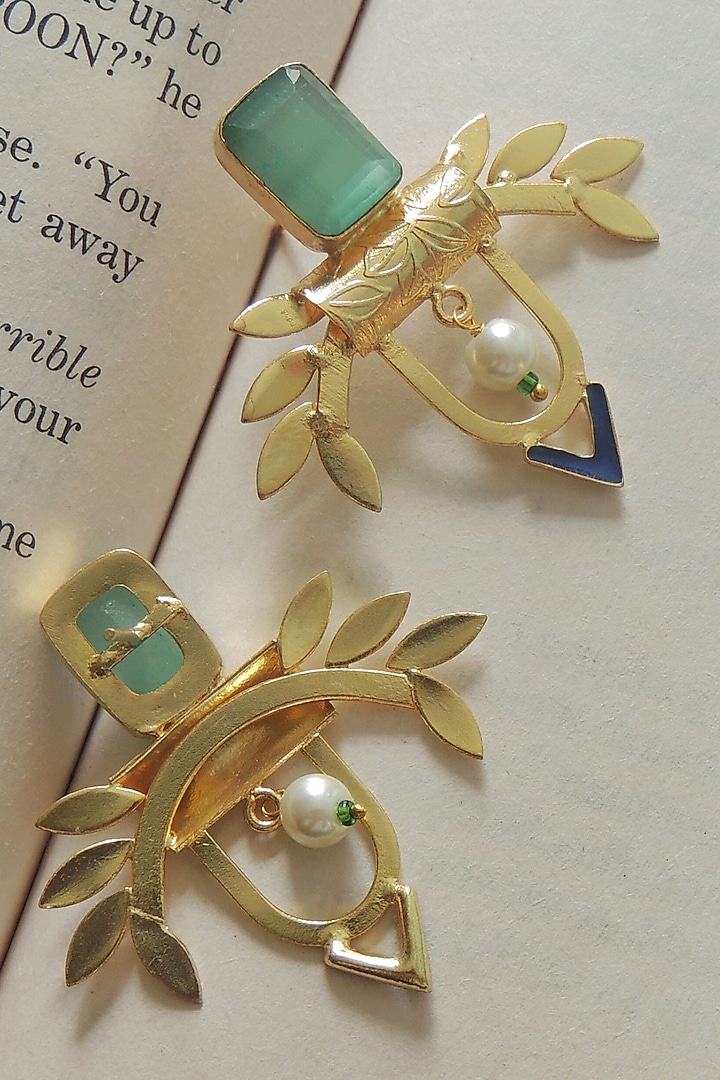 Gold Finish Synthetic Stone Handmade Leave Stud Earrings by Johori at Pernia's Pop Up Shop