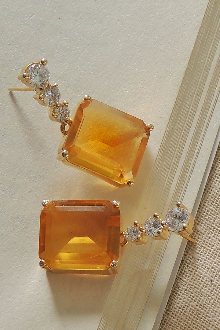 Gold Finish Champagne Stone Stud Earrings by Johori at Pernia's Pop Up Shop