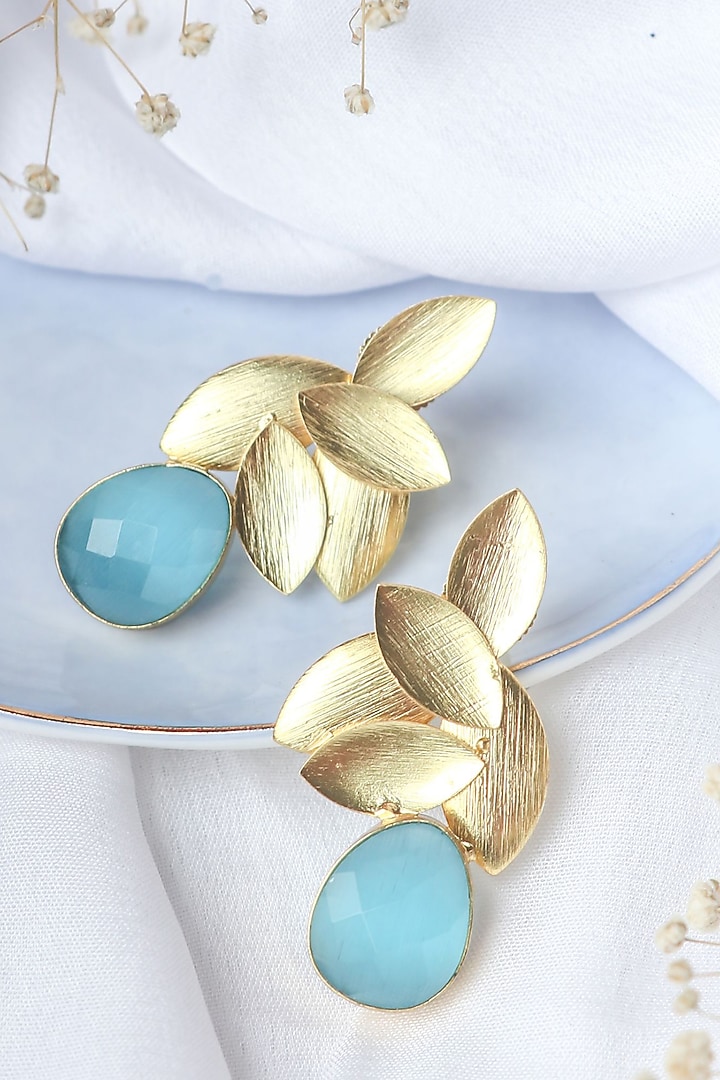 Gold Finish Aqua Synthetic Stone Leaf Stud Earrings by Johori at Pernia's Pop Up Shop
