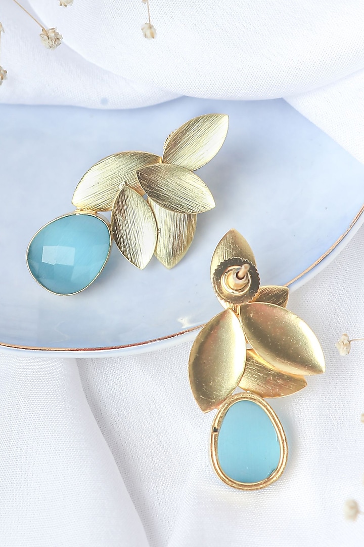 Gold Finish Aqua Synthetic Stone Leaf Stud Earrings by Johori at Pernia's Pop Up Shop