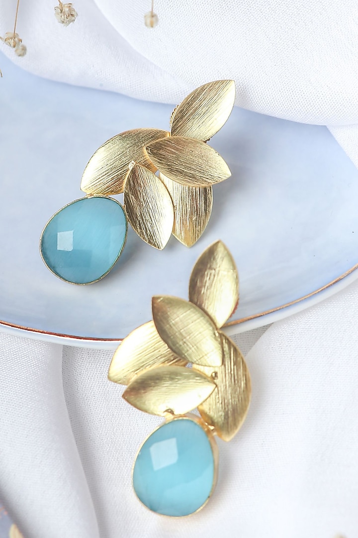 Gold Finish Aqua Synthetic Stone Leaf Stud Earrings by Johori at Pernia's Pop Up Shop