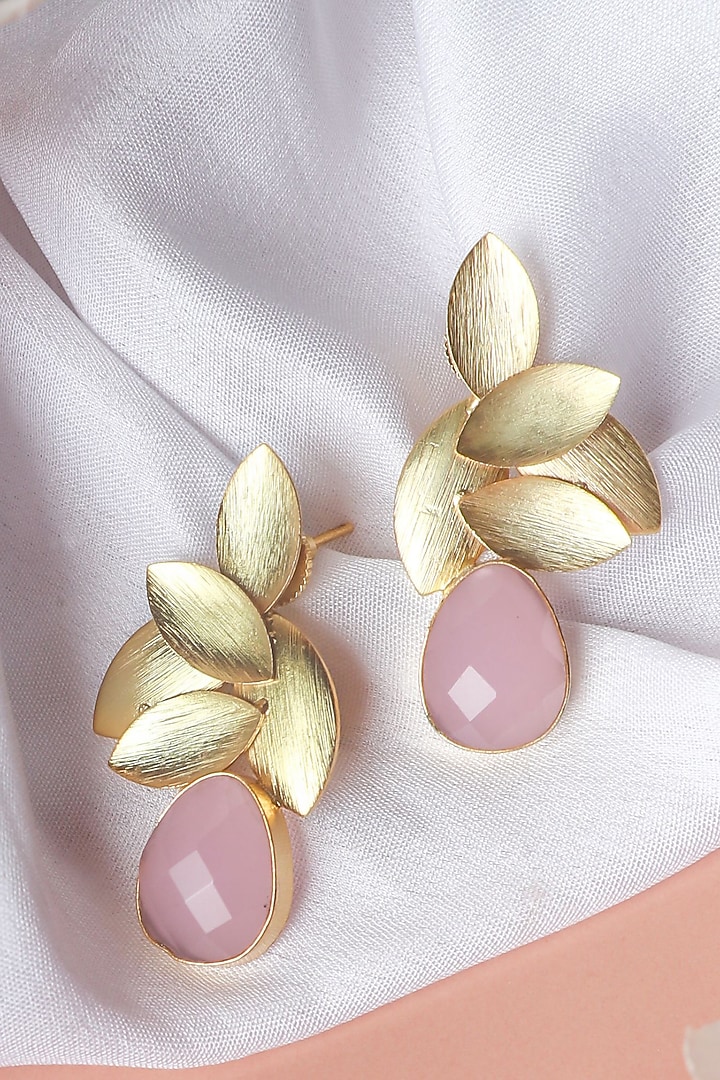 Gold Finish Aqua Synthetic Stone Leaf Stud Earrings by Johori at Pernia's Pop Up Shop