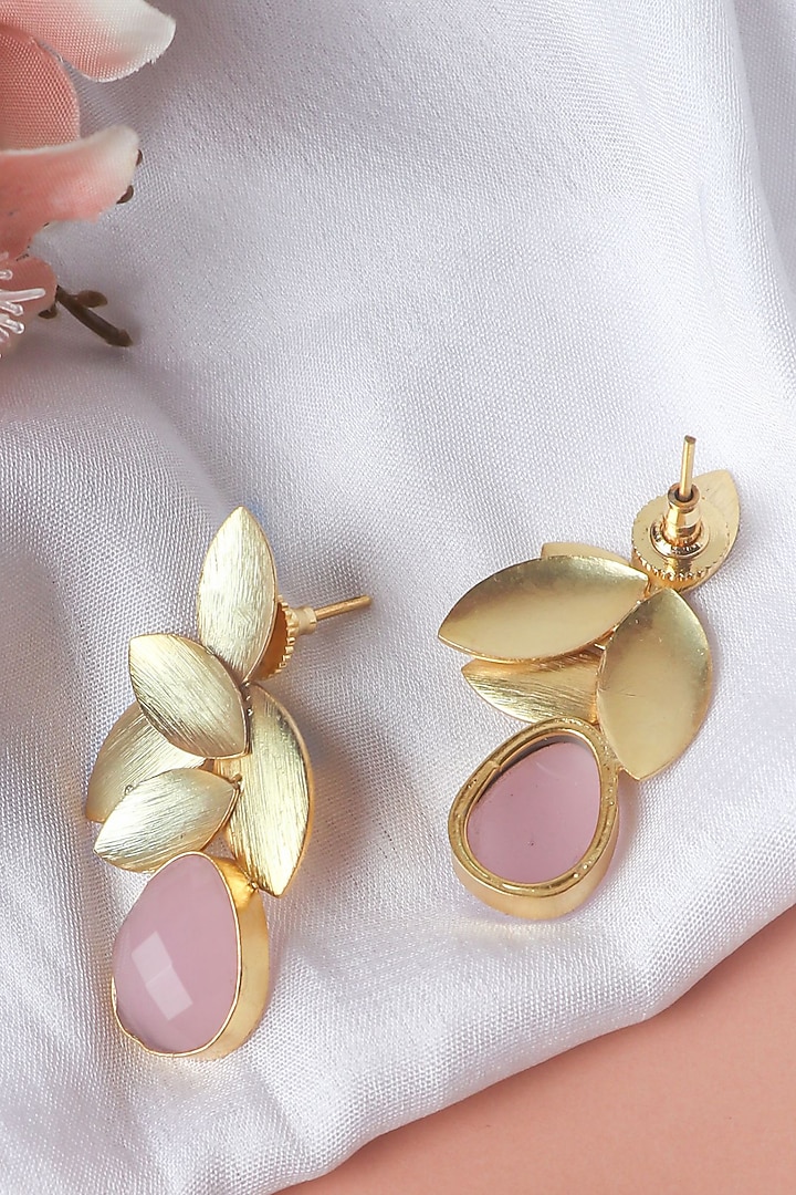 Gold Finish Aqua Synthetic Stone Leaf Stud Earrings by Johori at Pernia's Pop Up Shop