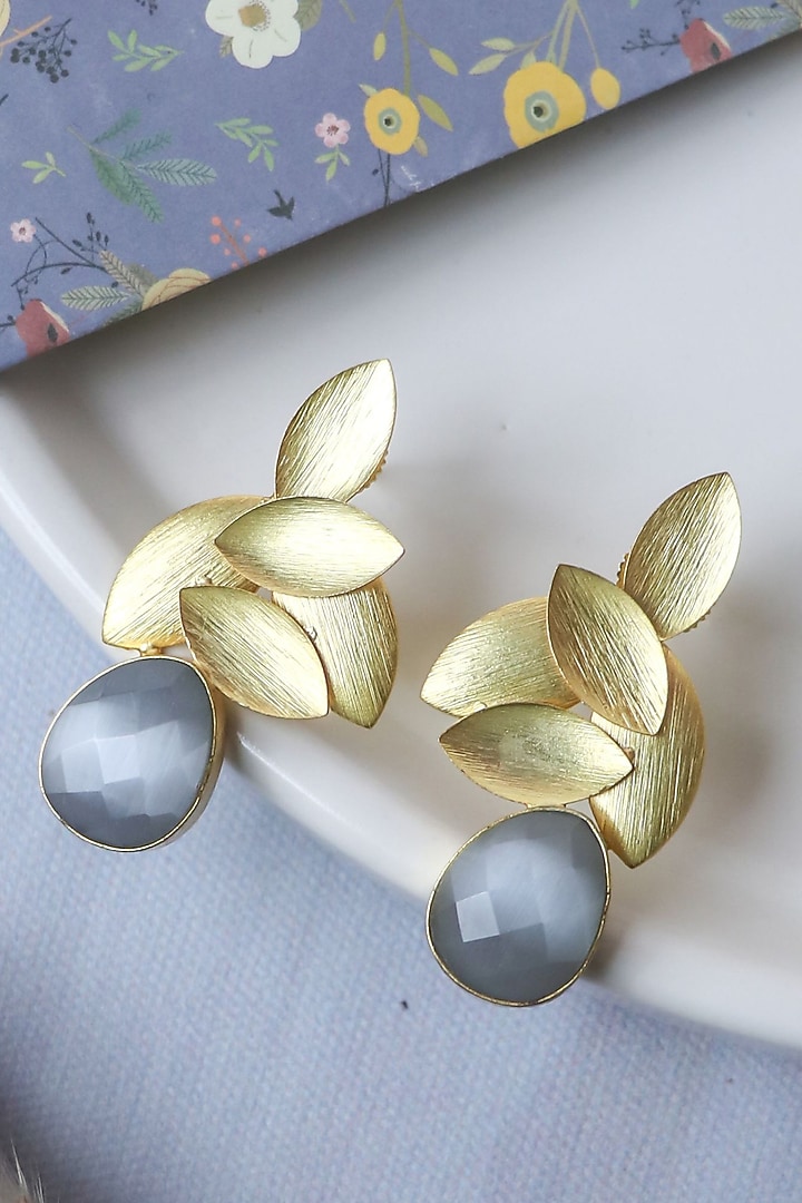 Gold Finish Grey Synthetic Stone Leaf Stud Earrings by Johori at Pernia's Pop Up Shop
