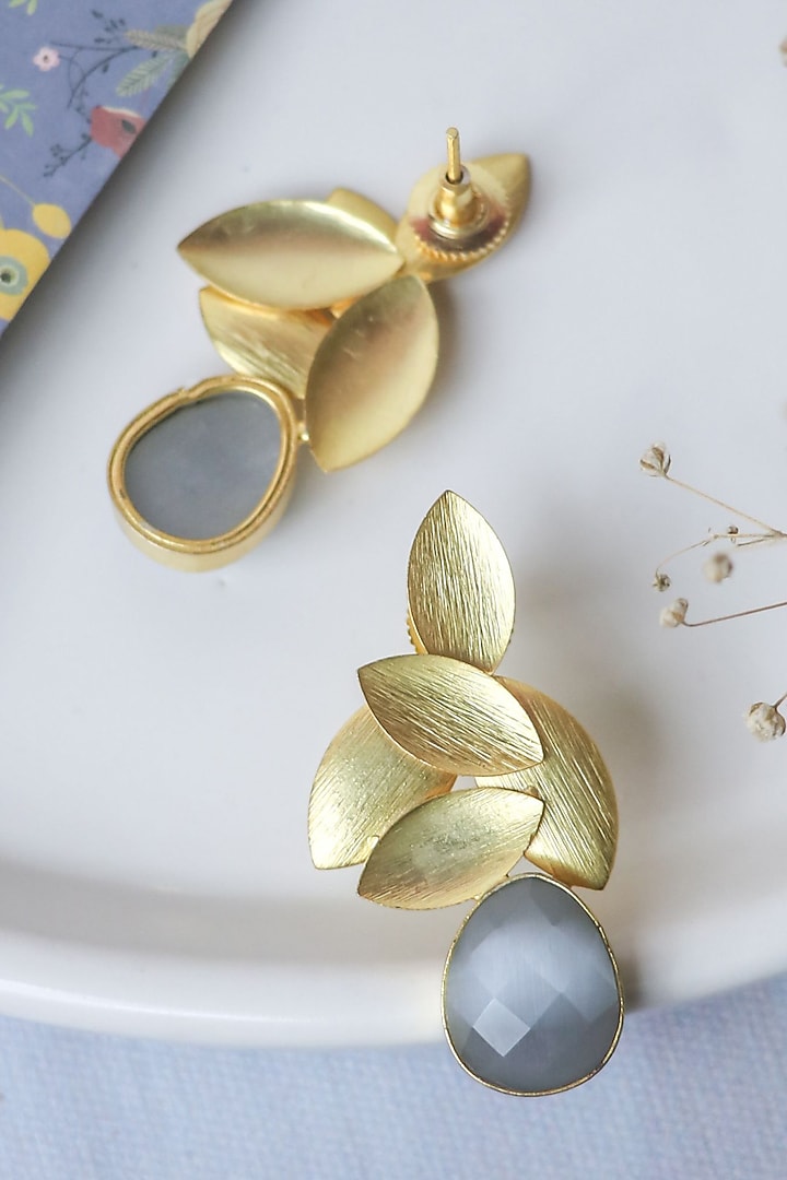 Gold Finish Grey Synthetic Stone Leaf Stud Earrings by Johori at Pernia's Pop Up Shop