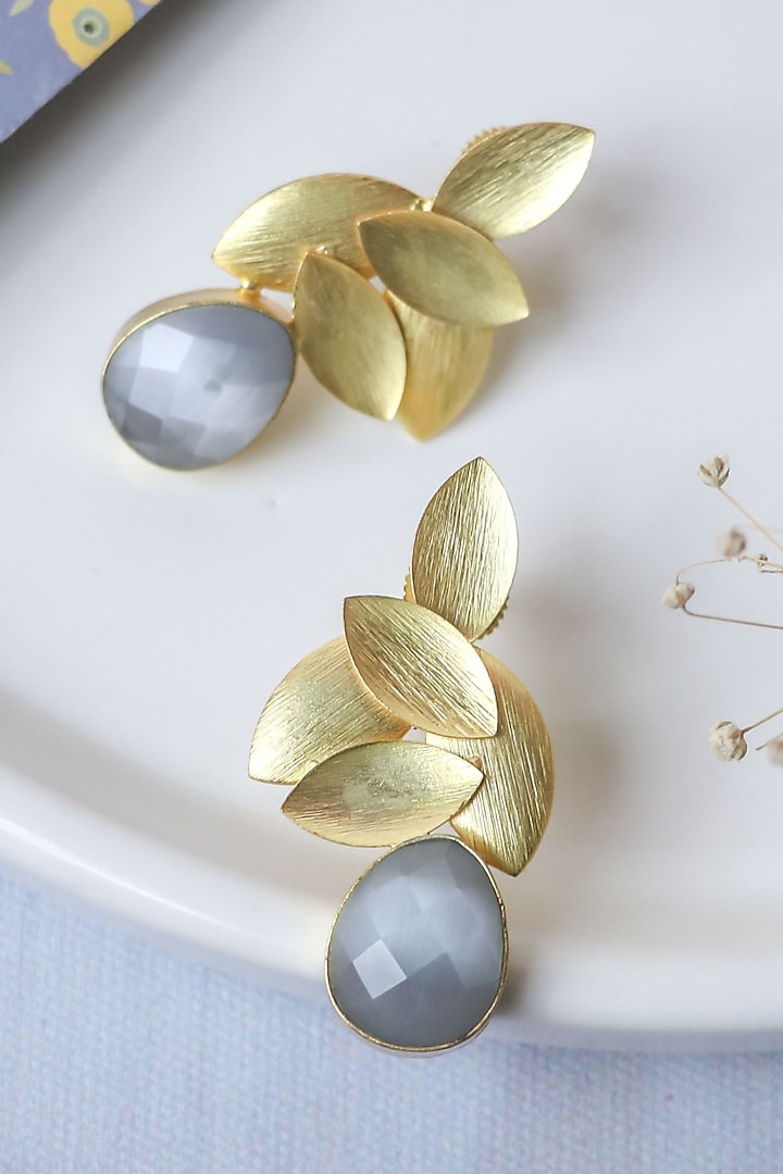 Gold Finish Grey Synthetic Stone Leaf Stud Earrings by Johori at Pernia's Pop Up Shop