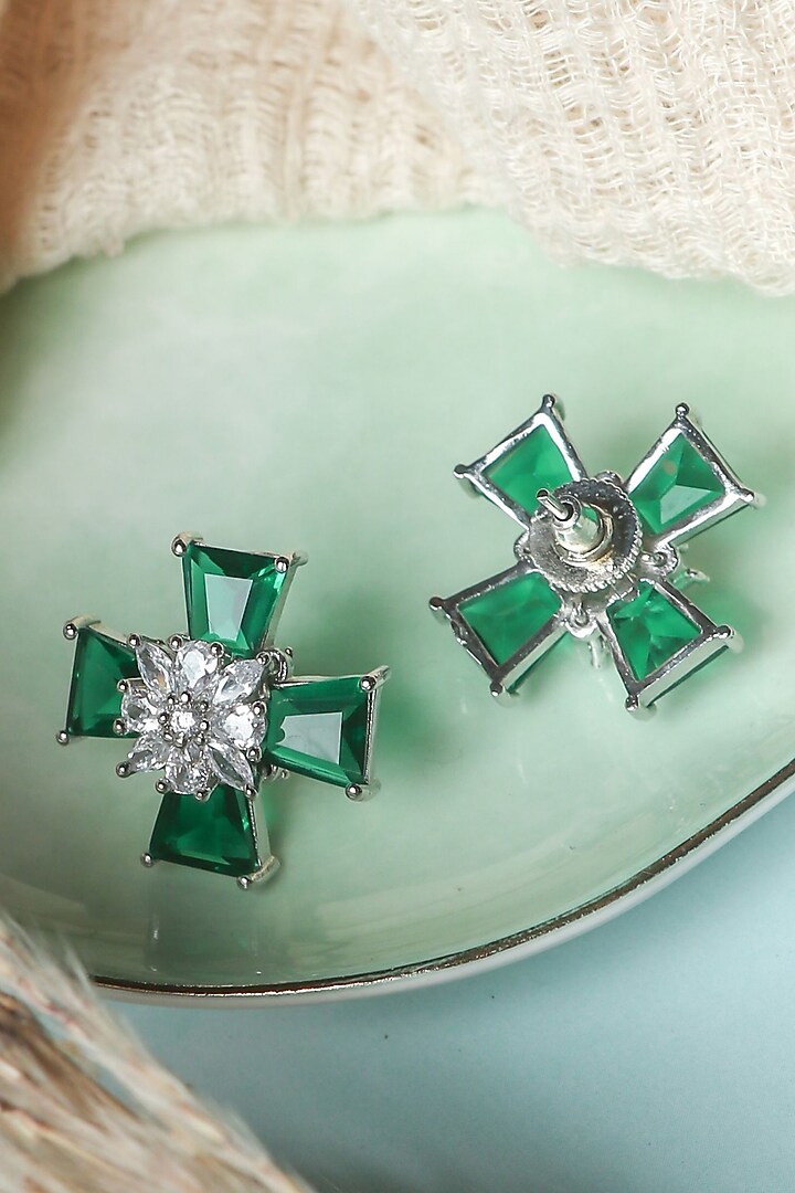 White Finish Emerald Stud Earrings by Johori at Pernia's Pop Up Shop