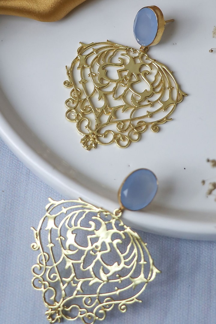 Gold Finish Blue Stone Heart Shape Dangler Earrings by Johori at Pernia's Pop Up Shop