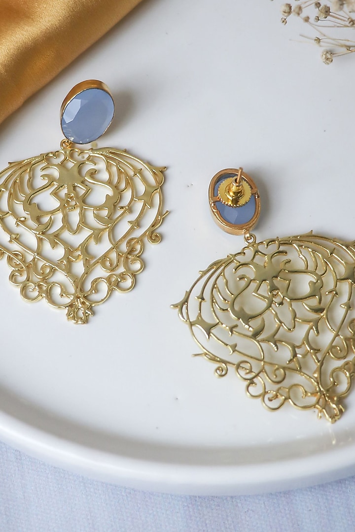 Gold Finish Blue Stone Heart Shape Dangler Earrings by Johori at Pernia's Pop Up Shop