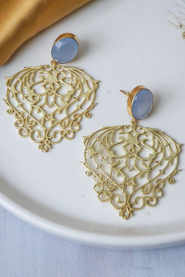 Gold Finish Blue Stone Heart Shape Dangler Earrings by Johori at Pernia's Pop Up Shop