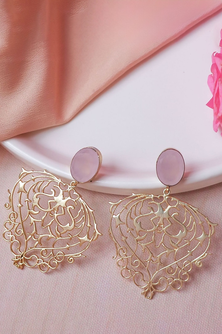 Gold Finish Pink Stone Heart Shape Dangler Earrings by Johori at Pernia's Pop Up Shop