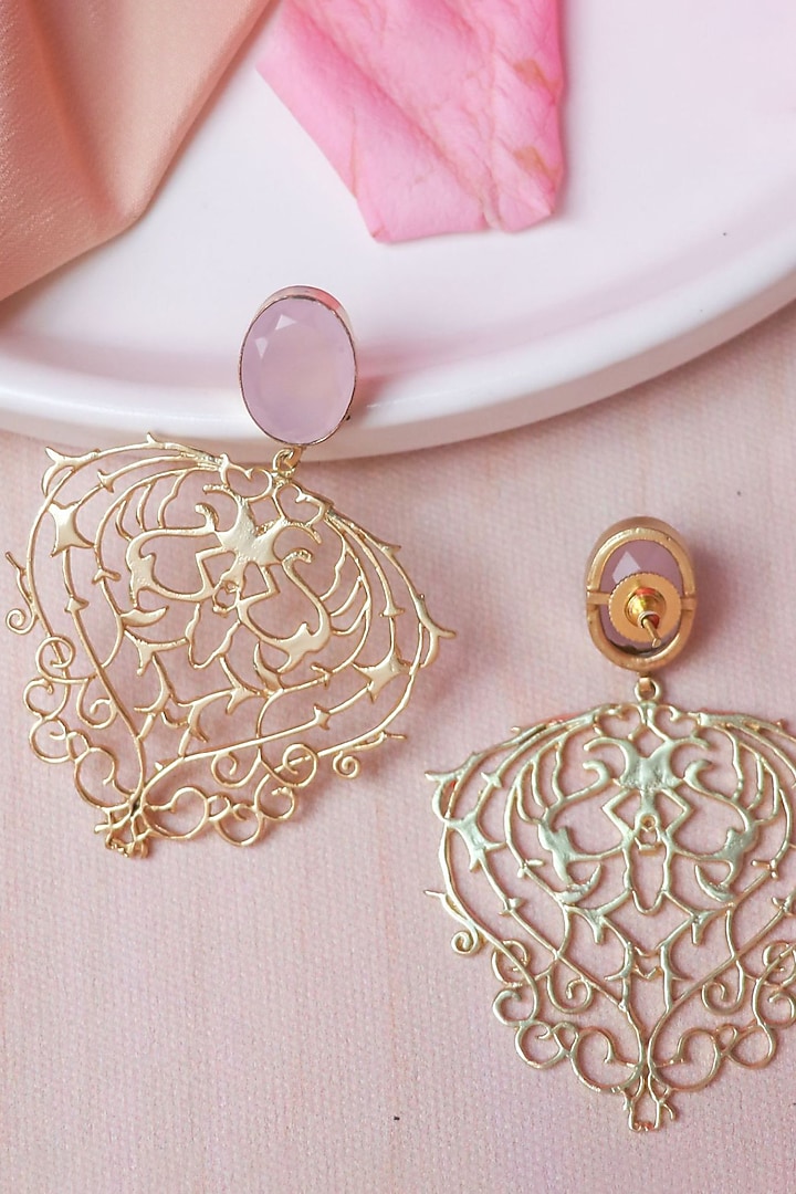 Gold Finish Pink Stone Heart Shape Dangler Earrings by Johori at Pernia's Pop Up Shop