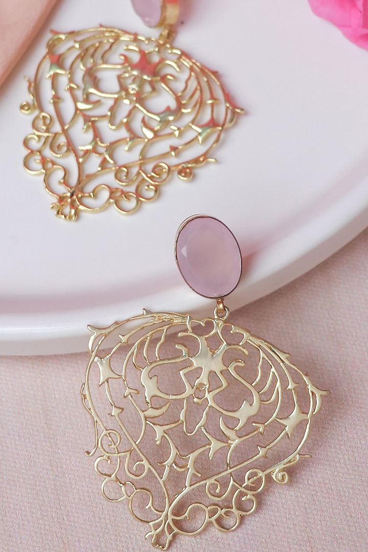Gold Finish Pink Stone Heart Shape Dangler Earrings by Johori at Pernia's Pop Up Shop
