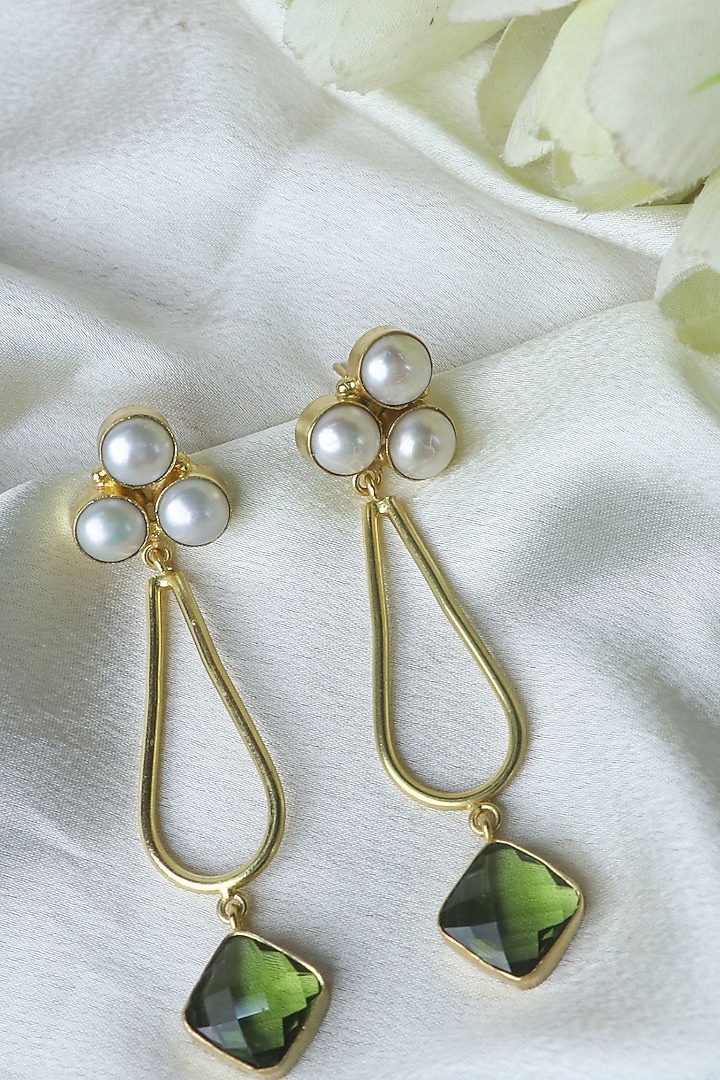 Gold Finish Pearl Handcrafted Dangler Earrings by Johori at Pernia's Pop Up Shop