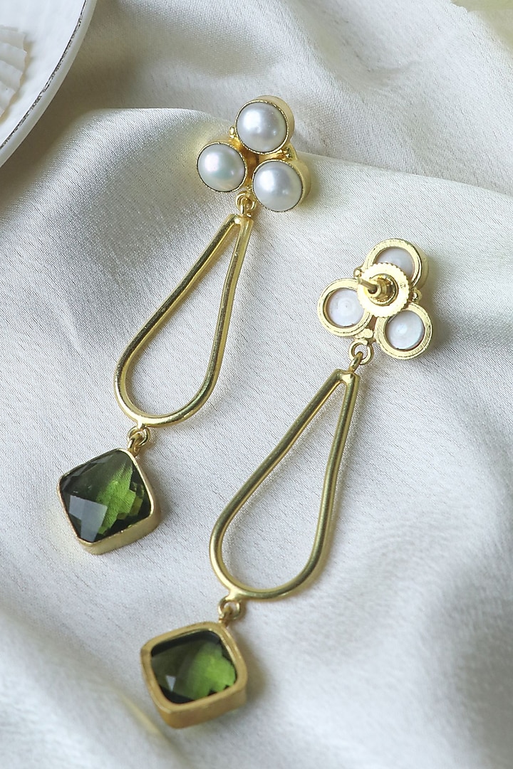 Gold Finish Pearl Handcrafted Dangler Earrings by Johori at Pernia's Pop Up Shop