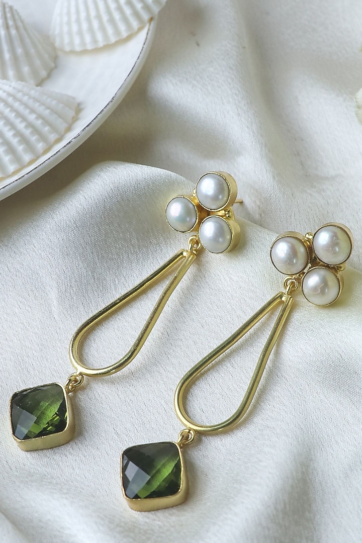 Gold Finish Pearl Handcrafted Dangler Earrings by Johori at Pernia's Pop Up Shop