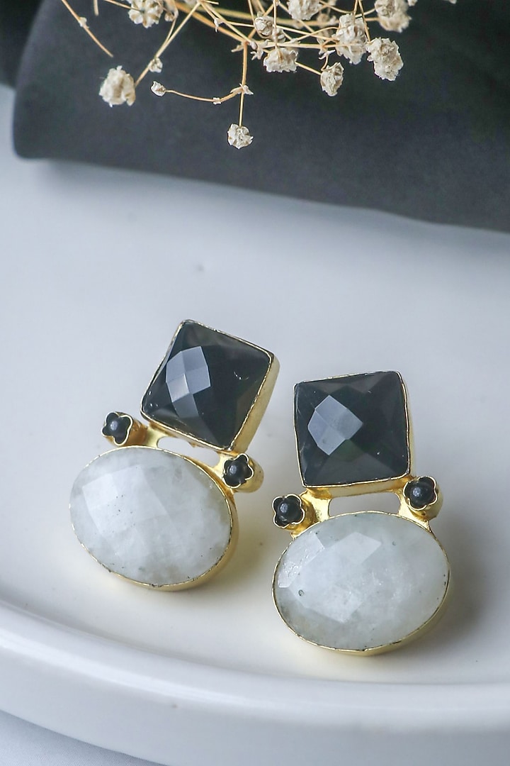 Gold Finish Black & White Natural Stone Stud Earrings by Johori at Pernia's Pop Up Shop