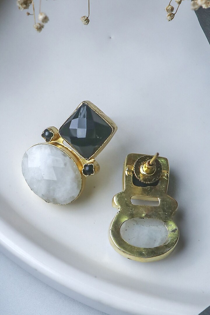 Gold Finish Black & White Natural Stone Stud Earrings by Johori at Pernia's Pop Up Shop