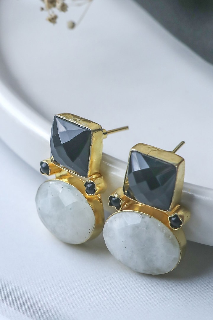 Gold Finish Black & White Natural Stone Stud Earrings by Johori at Pernia's Pop Up Shop