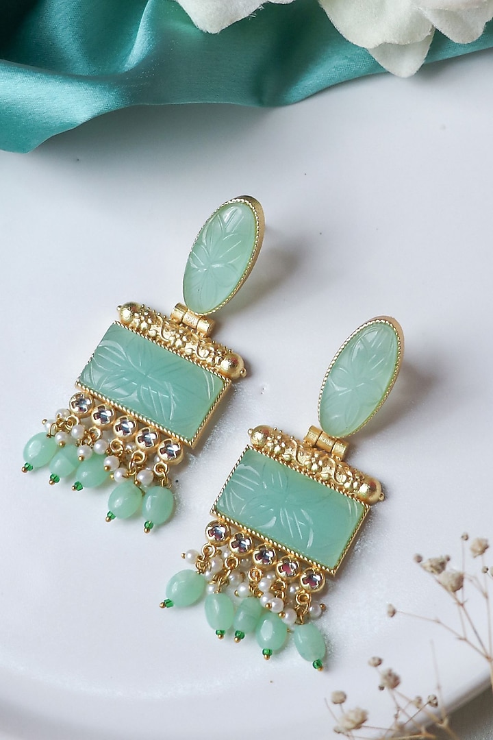Gold Finish Mint Carved Stone Dangler Earrings by Johori at Pernia's Pop Up Shop