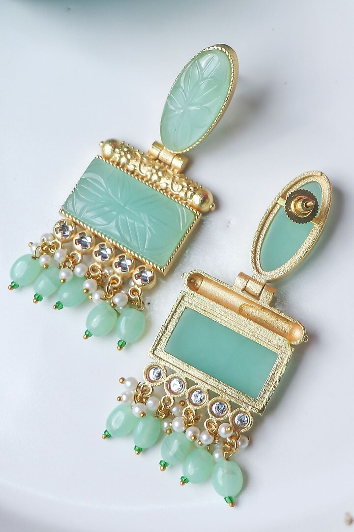 Gold Finish Mint Carved Stone Dangler Earrings by Johori at Pernia's Pop Up Shop