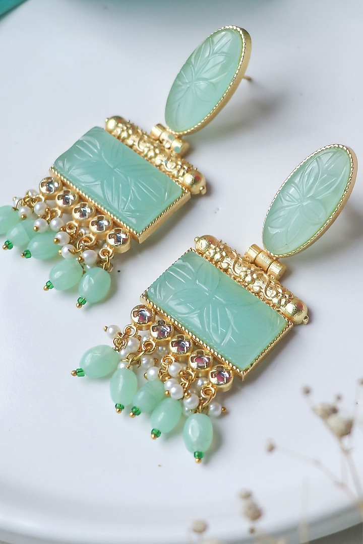 Gold Finish Mint Carved Stone Dangler Earrings by Johori at Pernia's Pop Up Shop