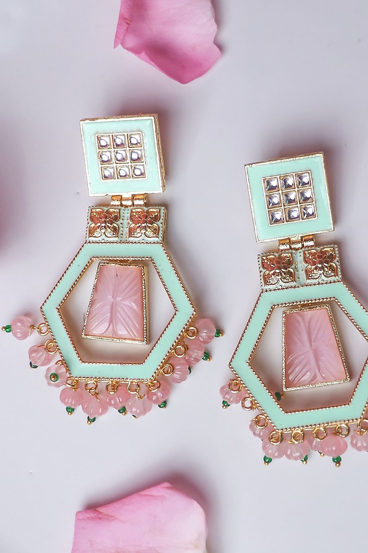 Gold Finish Green Carved Stone Meenakari Dangler Earrings by Johori at Pernia's Pop Up Shop