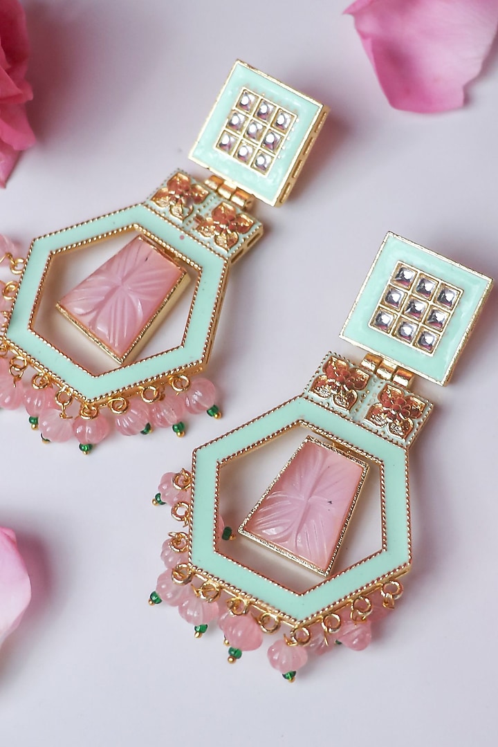 Gold Finish Green Carved Stone Meenakari Dangler Earrings by Johori at Pernia's Pop Up Shop