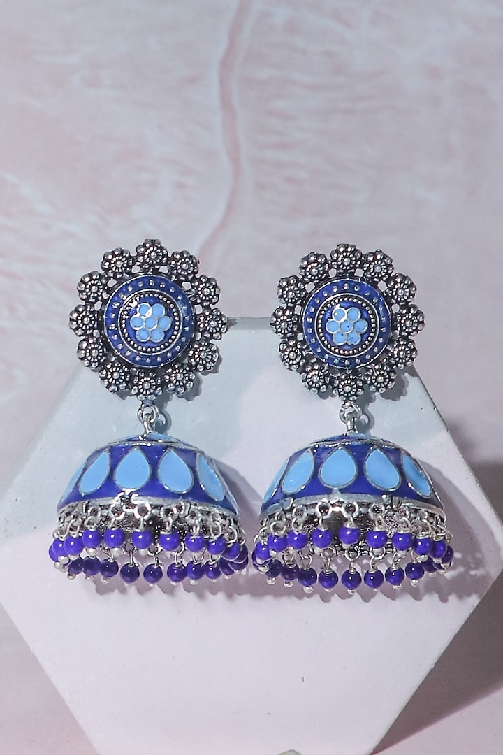 White Finish Blue Synthetic Stone Jhumka Earrings by Johori at Pernia's Pop Up Shop