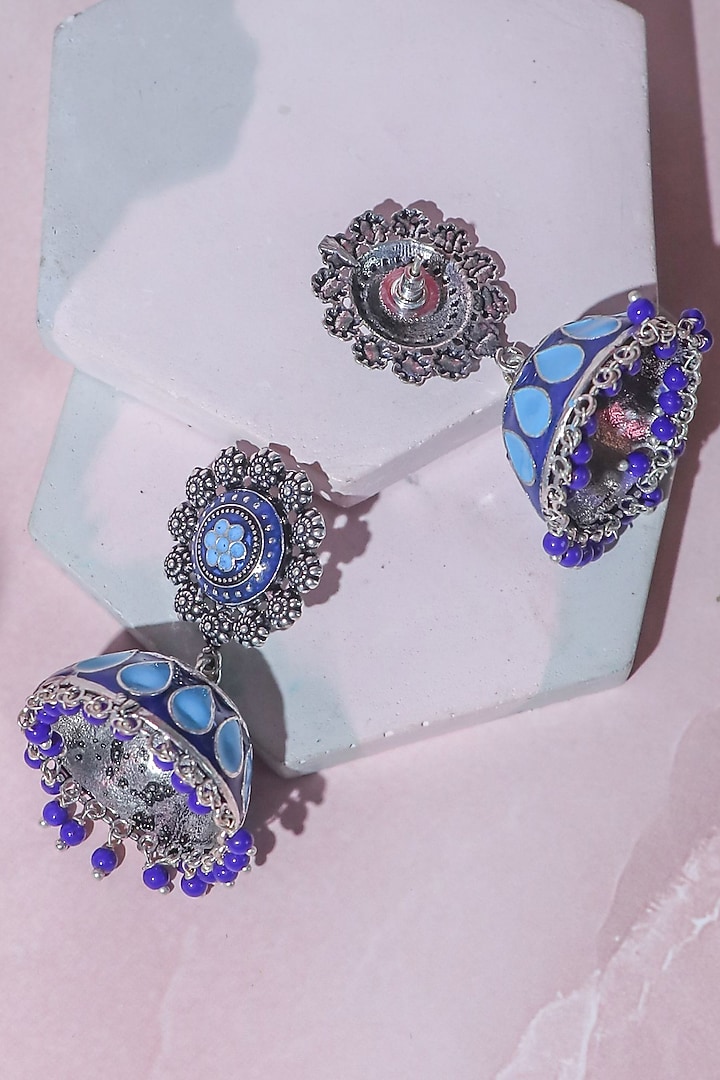White Finish Blue Synthetic Stone Jhumka Earrings by Johori at Pernia's Pop Up Shop