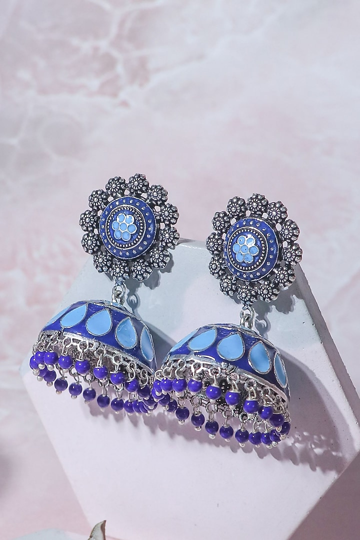 White Finish Blue Synthetic Stone Jhumka Earrings by Johori at Pernia's Pop Up Shop