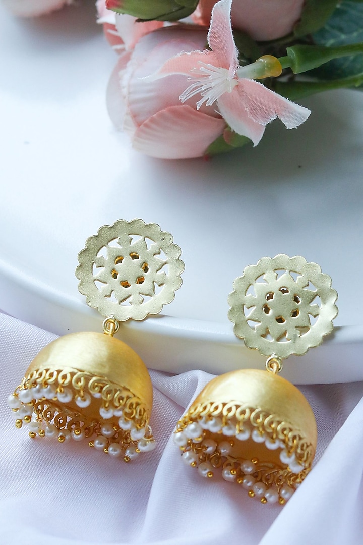 Matte Gold Finish Pearl Jhumka Earrings by Johori at Pernia's Pop