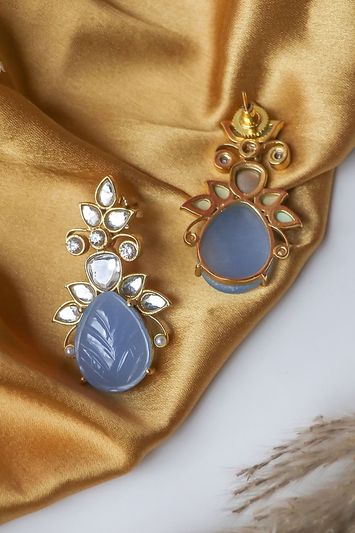 Gold Finish Cornflower Blue Carved Stone Stud Earrings by Johori at Pernia's Pop Up Shop