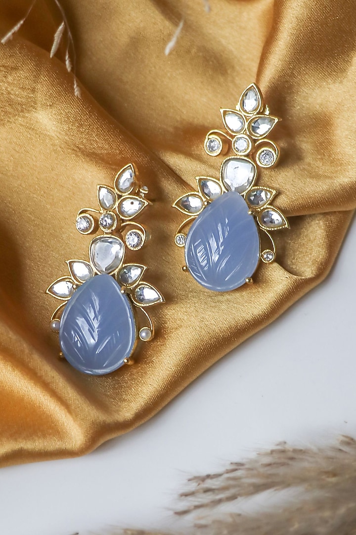 Gold Finish Cornflower Blue Carved Stone Stud Earrings by Johori at Pernia's Pop Up Shop