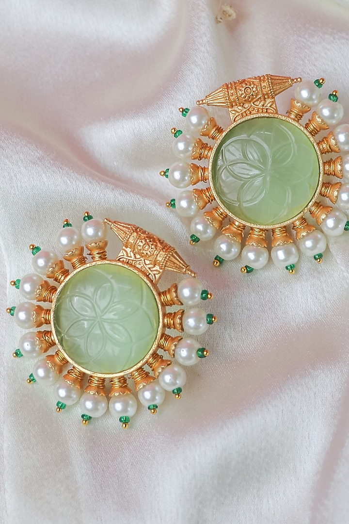 Gold Finish Pista Green Carved Stone Stud Earrings by Johori at Pernia's Pop Up Shop