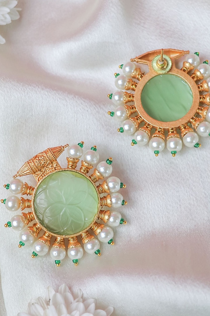 Gold Finish Pista Green Carved Stone Stud Earrings by Johori at Pernia's Pop Up Shop