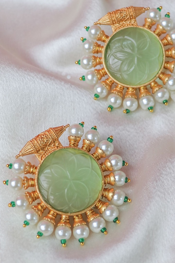 Gold Finish Pista Green Carved Stone Stud Earrings by Johori at Pernia's Pop Up Shop